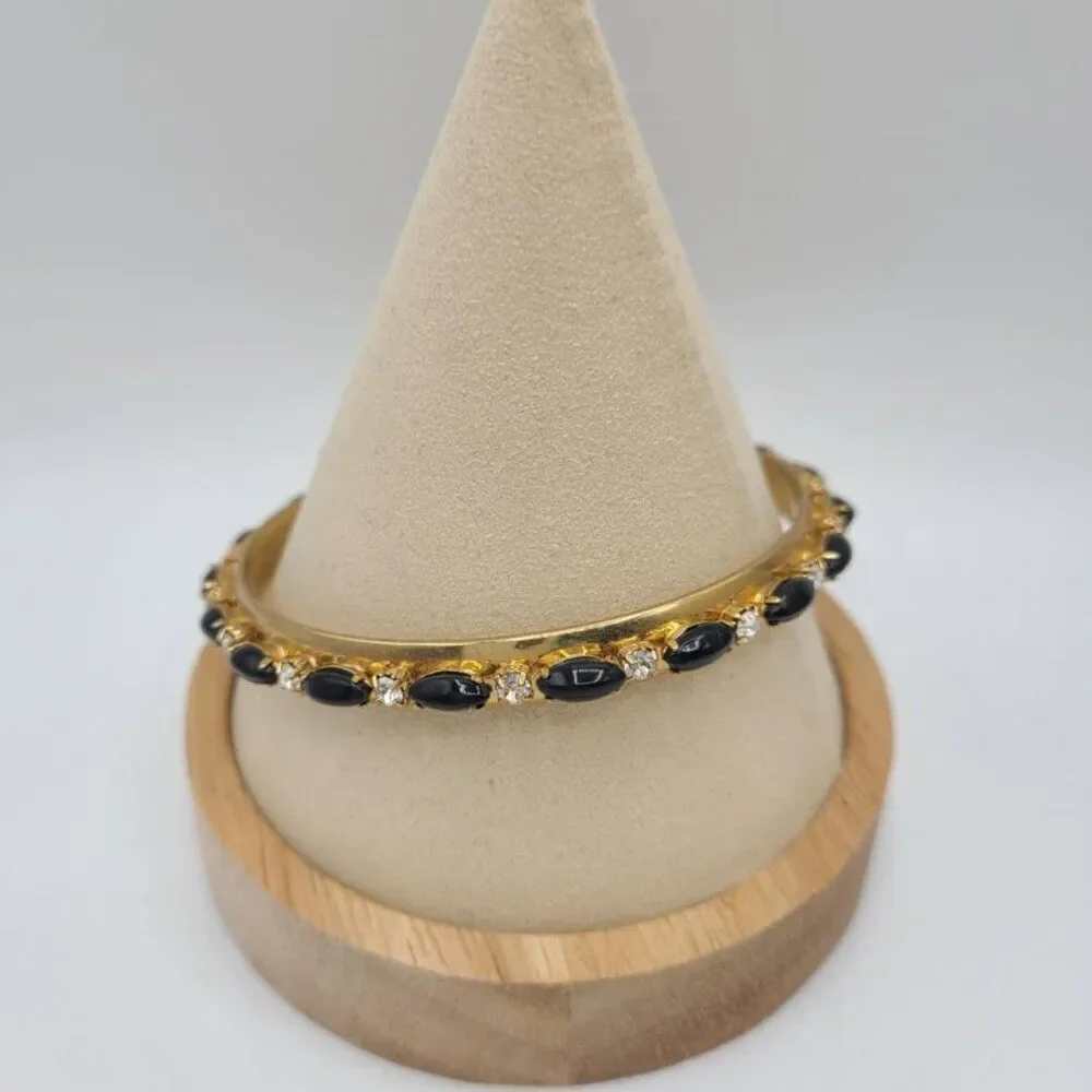 J Crew Black Resin and Clear Crystal Gold Tone Bangle NWOT!